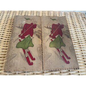 Antique 1910s Flemish Art Pyrography Hanky/Glove Box Girl Snow Skiing